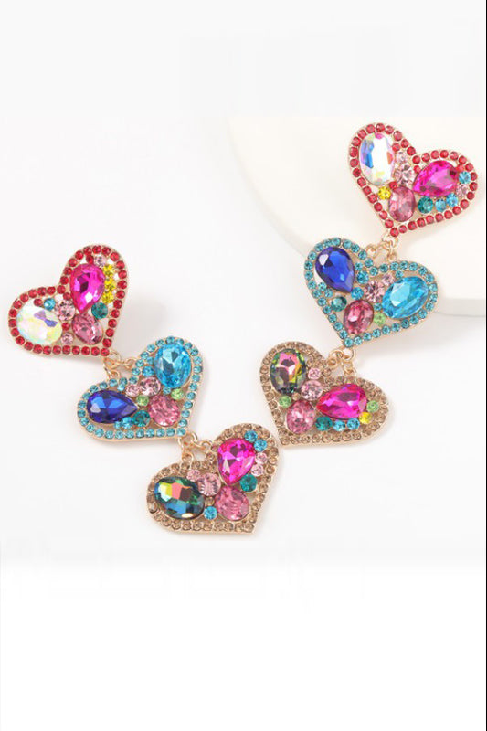 Love You More Heart Pink Multi Rhinestone Earrings