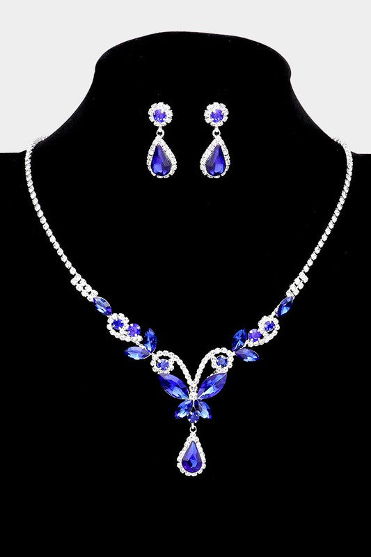 Butterfly Marquise Rhinestone Blue Necklace & Earrings Set