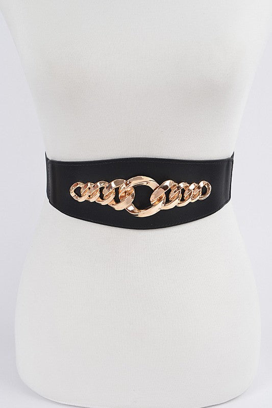 Faux Leather Wide Black Gold Chain Waist Belt