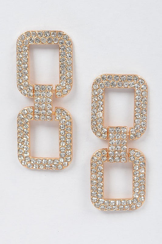 Rhinestone Gold Double Square Earrings