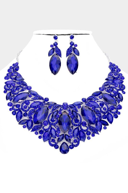 Glimmer Blue Sapphire Leaf Marquise Stone Necklace & Earrings Set