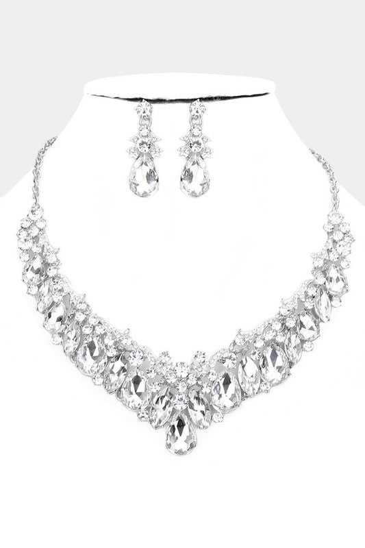 Give Me Your Attention Silver Teardrop Marquise Stone Cluster Necklace & Earrings Set