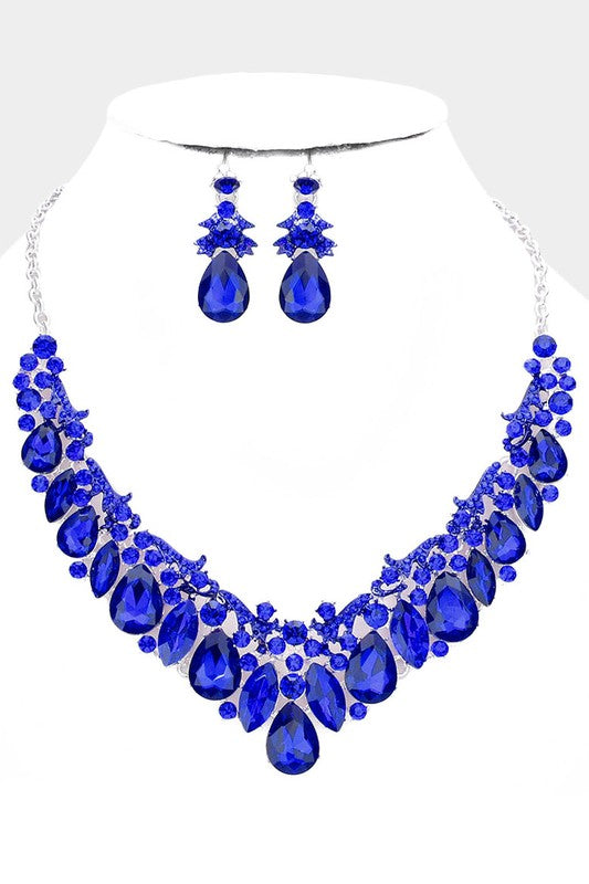 Give Me Your Attention Blue Teardrop Marquise Stone Cluster Necklace & Earrings Set