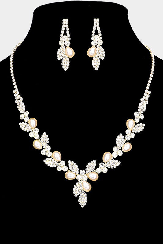 One Of A Kind Pearl & Gold Rhinestone Embellished Necklace & Earrings Set
