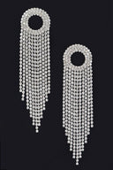 Fine Shine Silver Rhinestone Fringe Earrings on neutral background