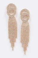 Outshining Rhinestone Gold Tassel Drop Earrings on neutral background