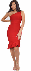 Venus Red Asymmetric Ruffle Bottom Bandage Dress | Emprada Venus Red Asymmetric Ruffle Bottom Bandage Dress | Emprada