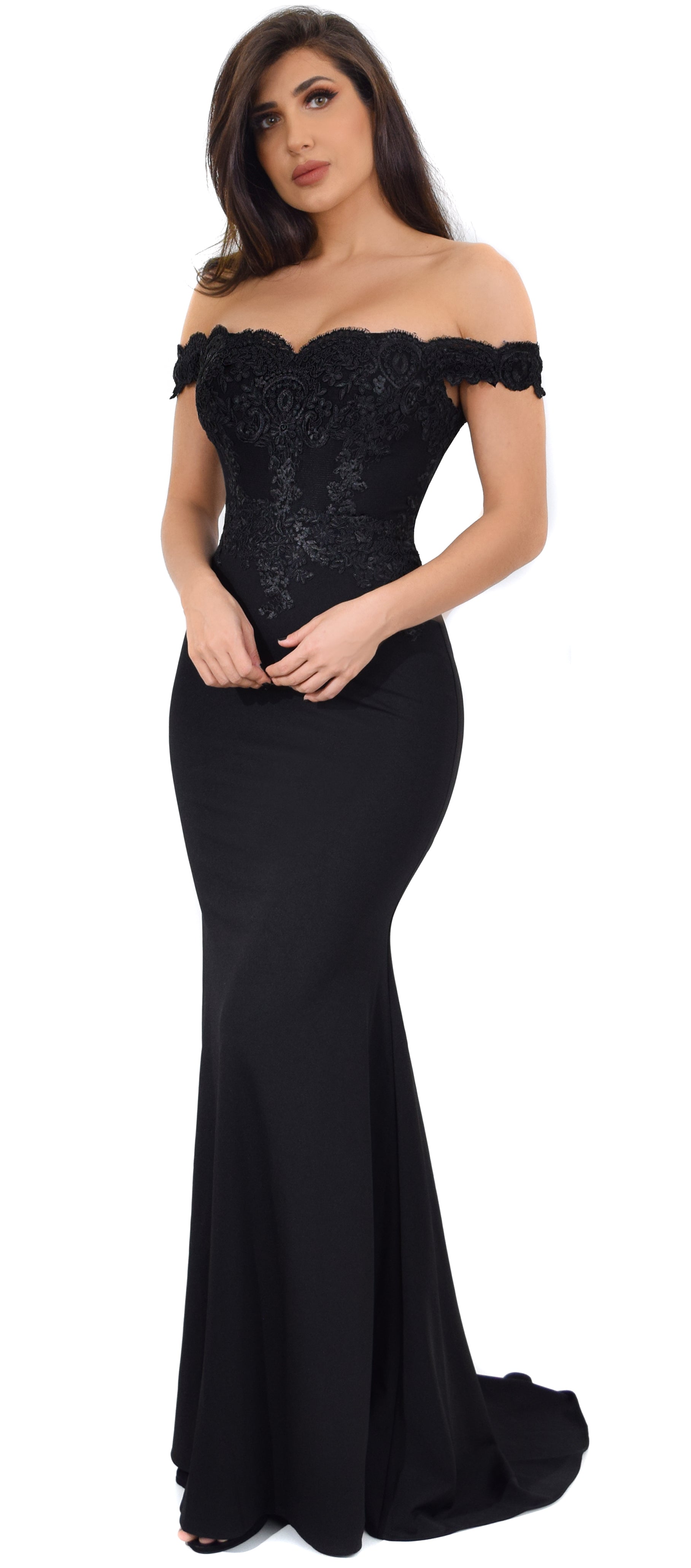 Solaine Black Off Shoulder Lace Detail Gown - Emprada