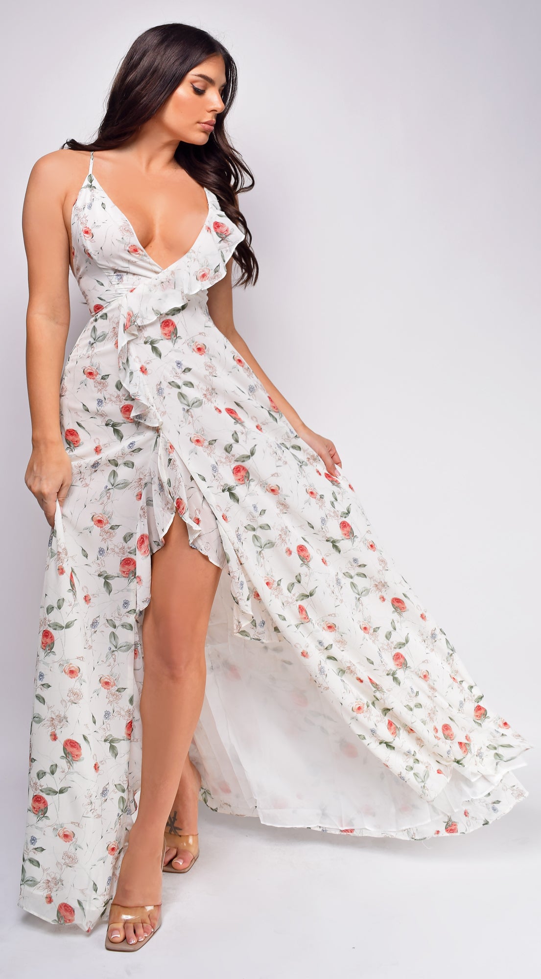 Celea White Floral Print Surplice Ruffle Maxi Dress