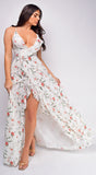Celea White Floral Print Surplice Ruffle Maxi Dress