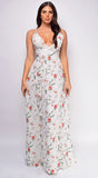 Celea White Floral Print Surplice Ruffle Maxi Dress