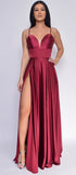Peighton Burgundy Red Double Slit Satin Gown