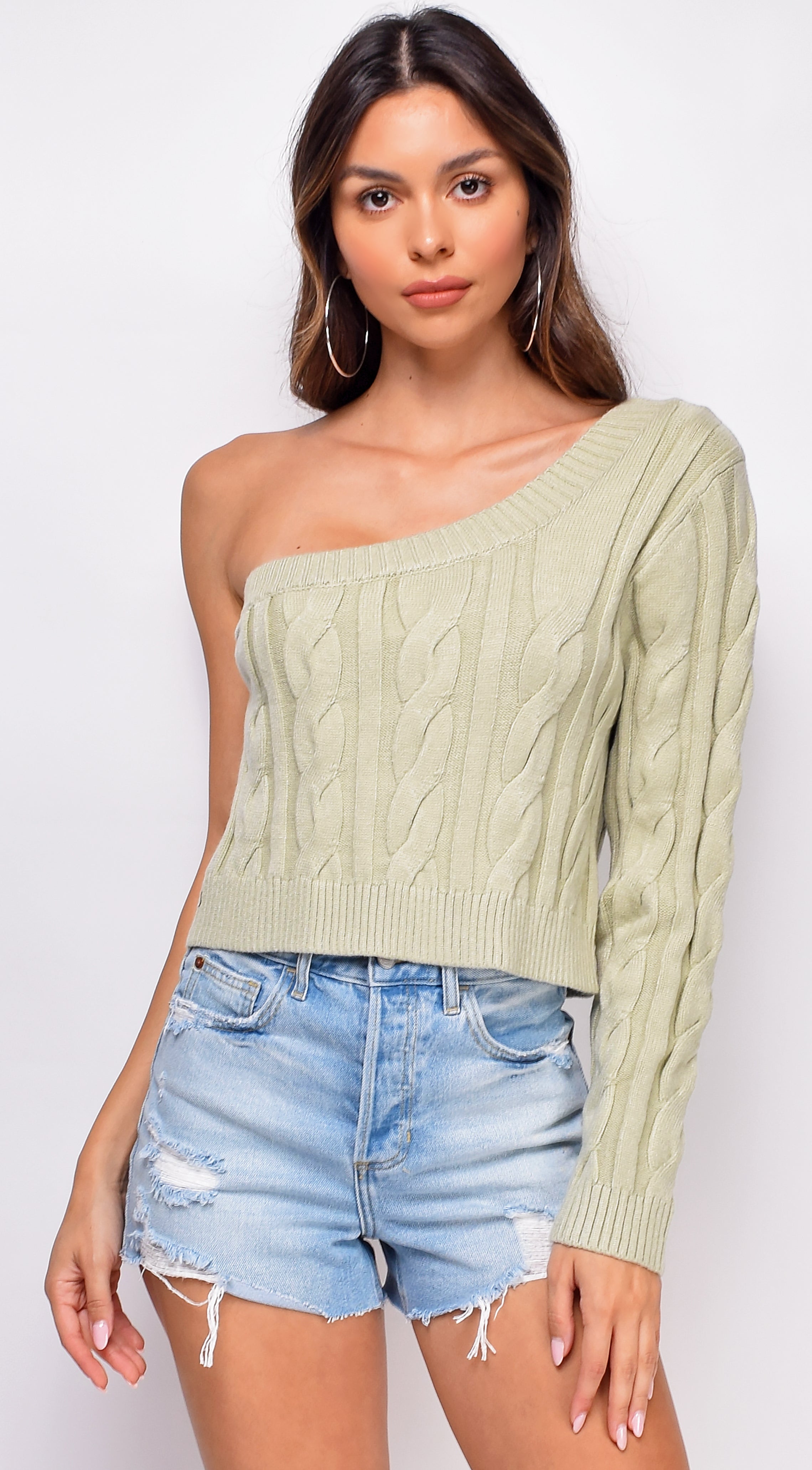 Harley Sage Green One Shoulder Sweater Top