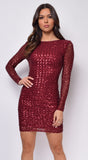 Kimberly Burgundy Red Sequin Long Sleeve Dress