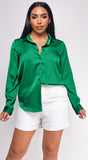 Braylee Kelly Green Satin Button Down Blouse Top