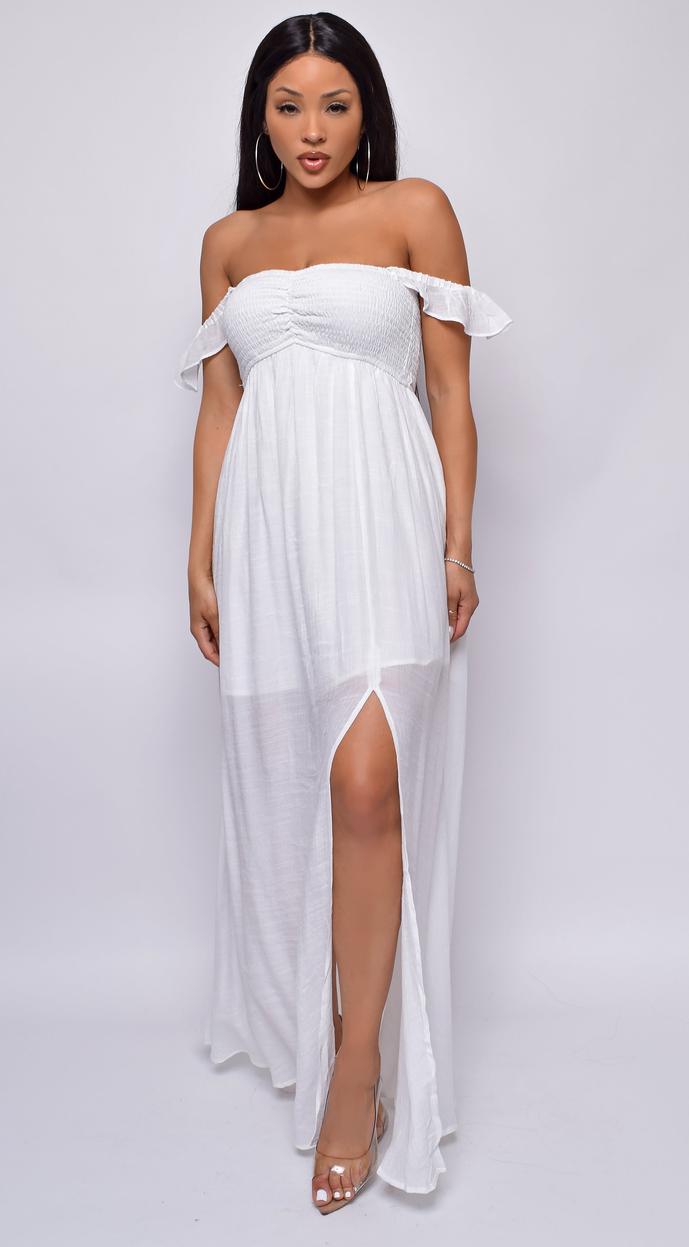 Lagos White Off Shoulder Boho Smocked Maxi Dress