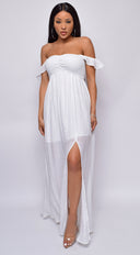Lagos White Off Shoulder Boho Smocked Maxi Dress back view on model