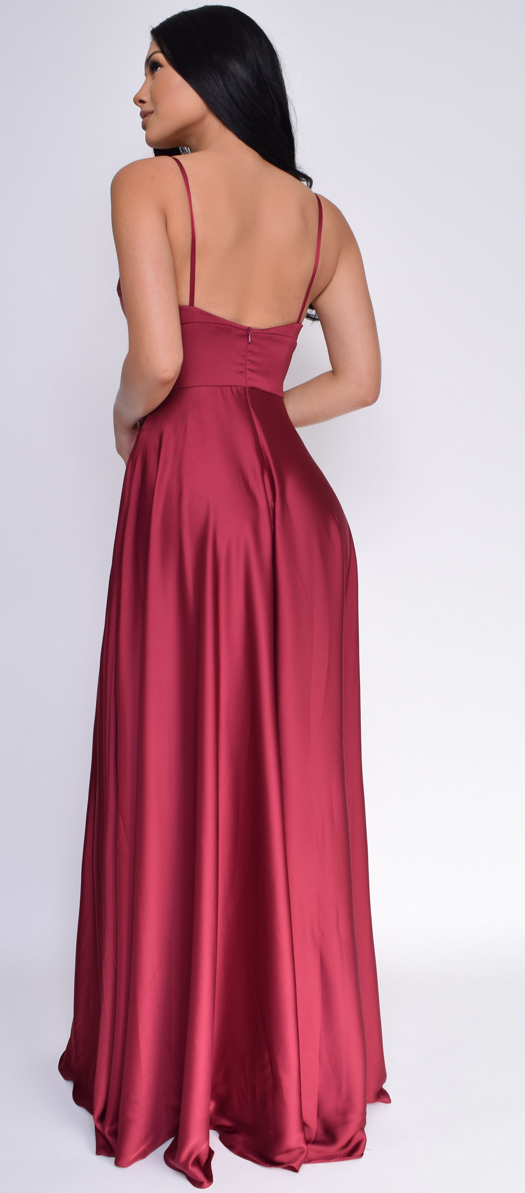 Peighton Burgundy Red Double Slit Satin Gown