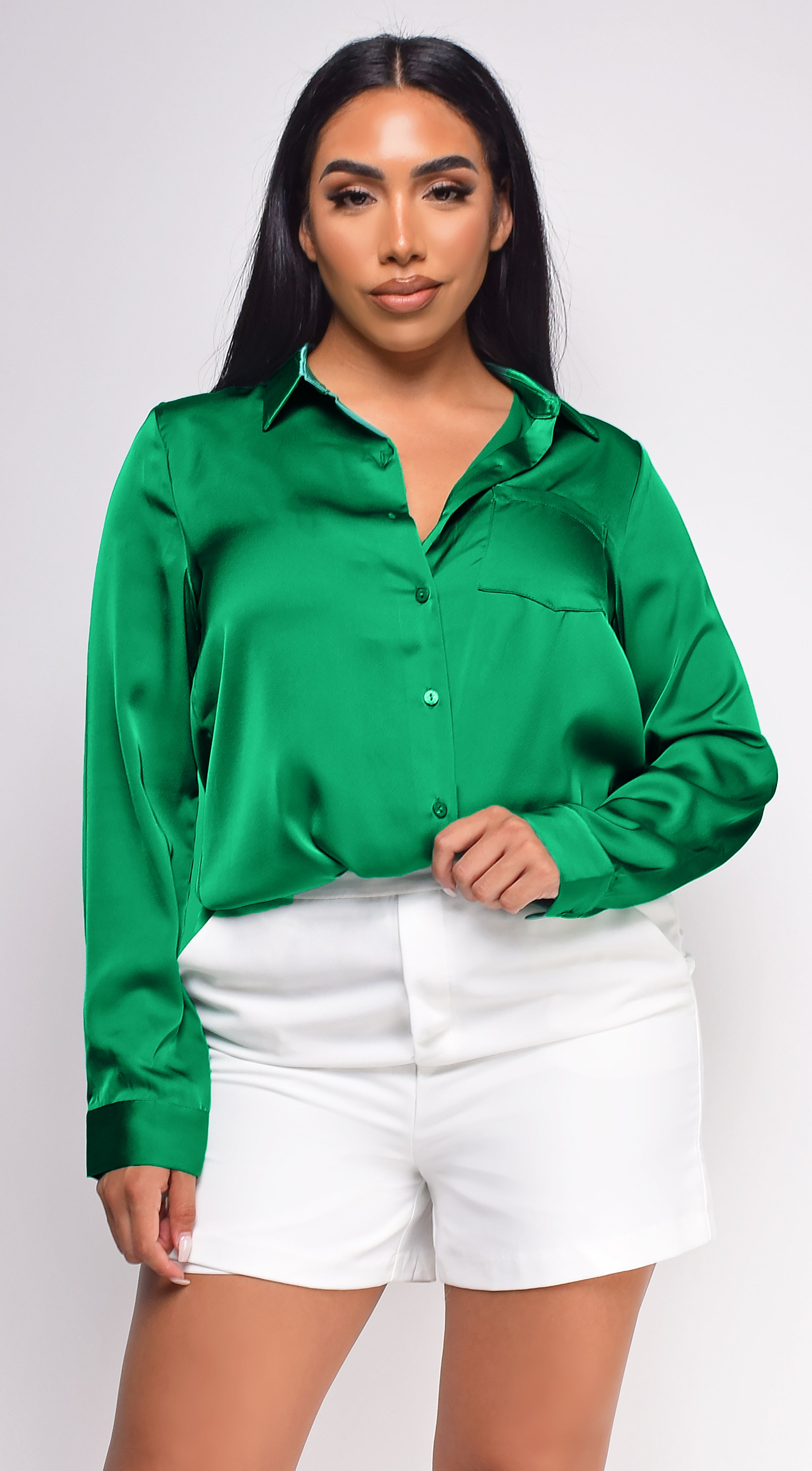 Braylee Kelly Green Satin Button Down Blouse Top