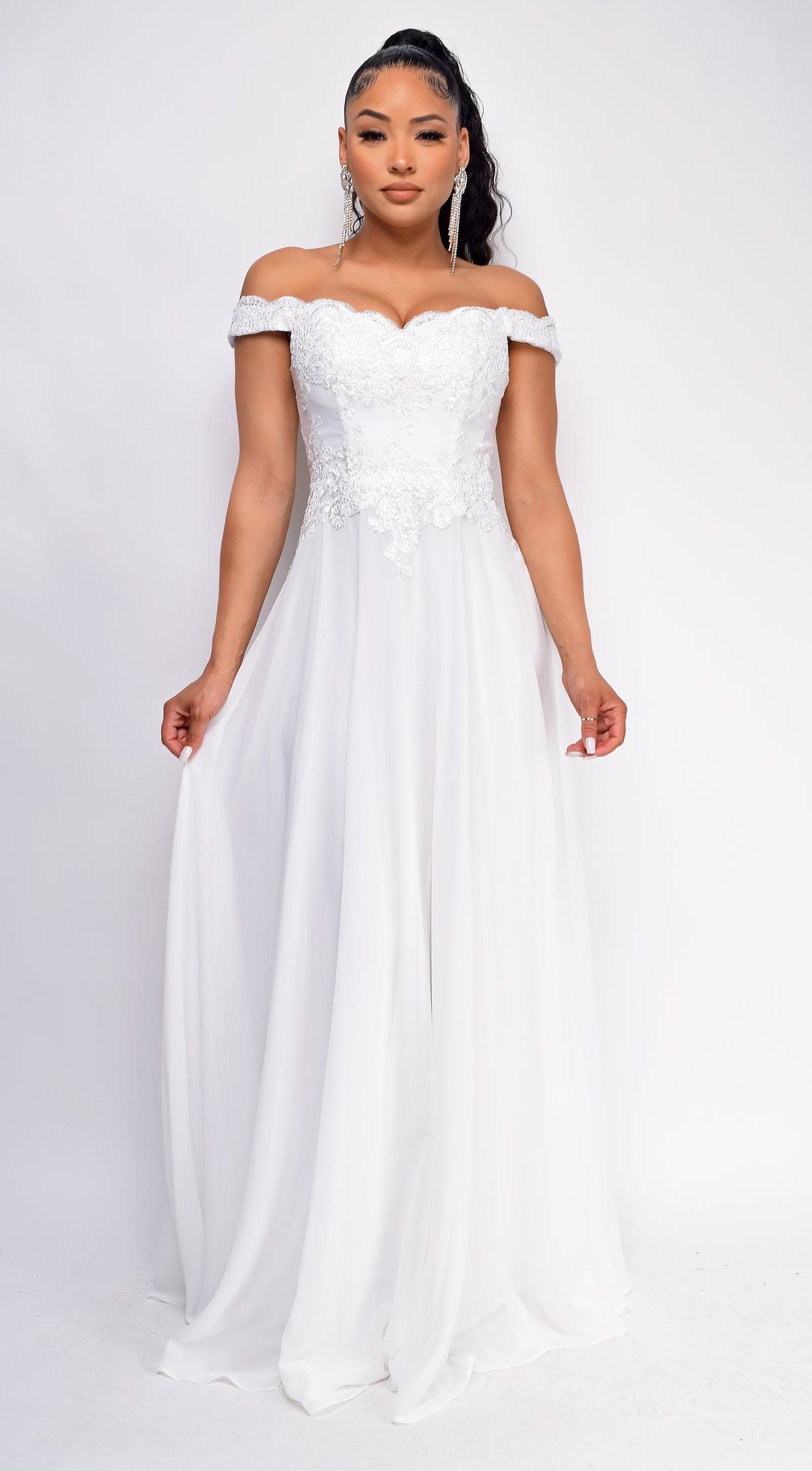Fae Off White Shoulder Lace Detail Bridal Gown Dress
