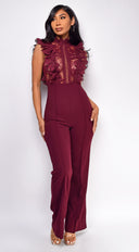 Vanna Crochet Flared leg Jumpsuit in Wine styled outfit flat lay