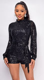 Leandra Black High Neck Long Sleeve Sequin Romper