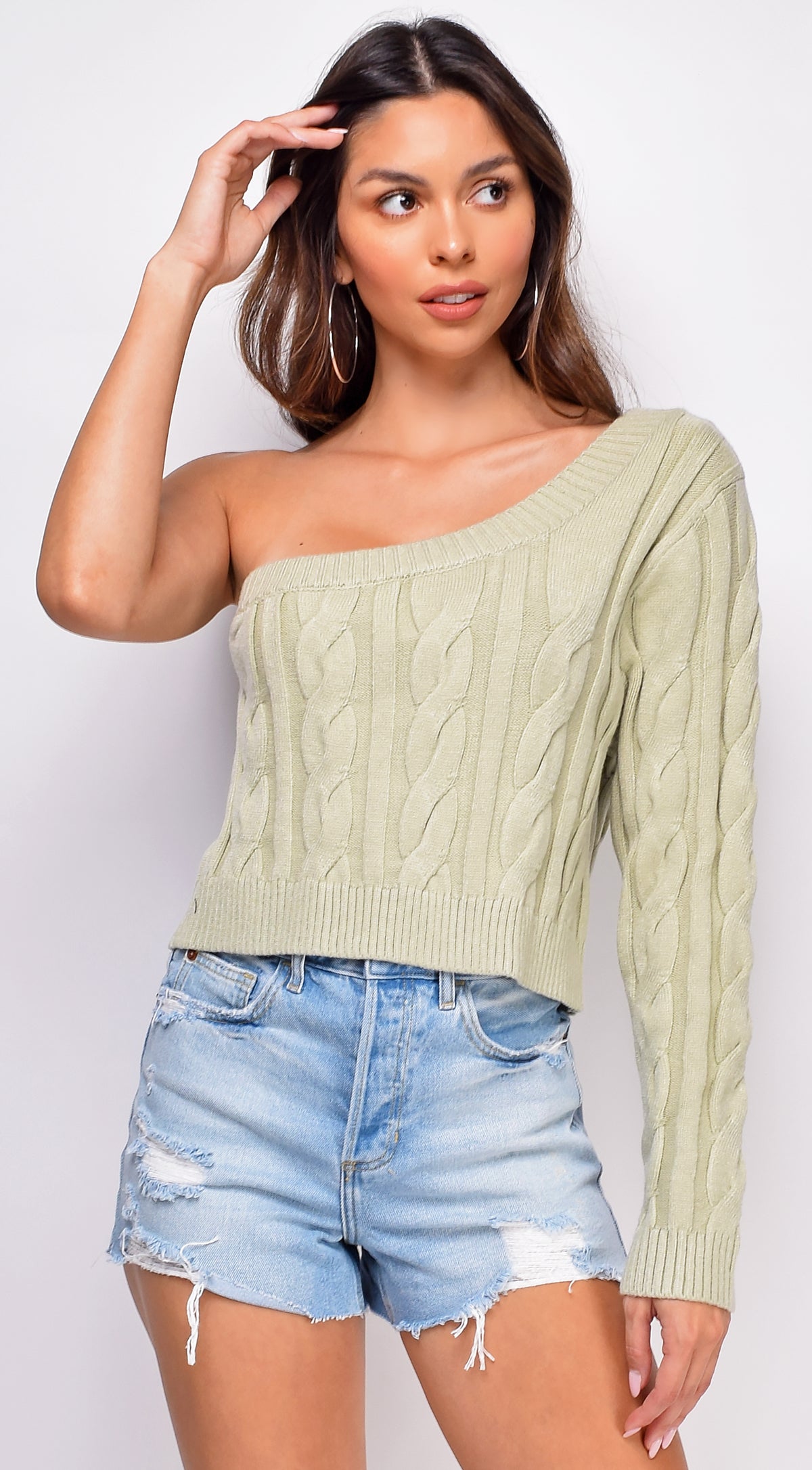 Harley Sage Green One Shoulder Sweater Top