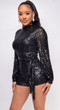 Leandra Black High Neck Long Sleeve Sequin Romper