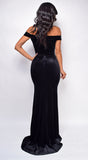 Perza Black Off Shoulder Velvet Gown Dress