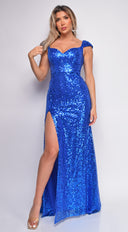 Betania Blue Sequin Gown side profile view on model