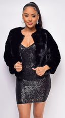 Tamar Black Faux Fur Coat full length front view on model