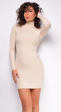Amrita Beige High Neck Snatched Sweater Mini Dress