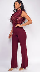Vanna Crochet Flared leg Jumpsuit in Wine side profile view on model