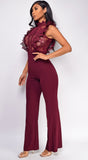 Vanna Wine Red Crochet Flared leg Jumpsuit