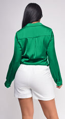Braylee Satin Button Down Blouse Top - Kelly Green