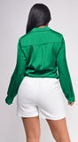 Braylee Kelly Green Satin Button Down Blouse Top