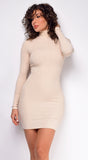 Amrita Beige High Neck Snatched Sweater Mini Dress