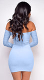Yasna Blue Mesh Ruched Sleeve Dress