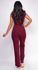 Vanna Crochet Flared leg Jumpsuit in Wine close-up of crochet texture