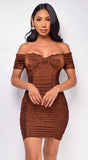 Helena Brown Bronze Sparkle Off Shoulder Dress
