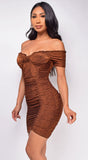 Helena Brown Bronze Sparkle Off Shoulder Dress