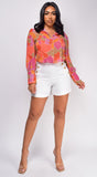 Lotus Orange Multi Color Button Up Blouse Top