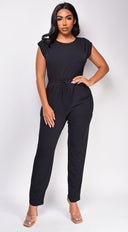 Novi Black Tie Waist Jumpsuit styled outfit flat lay