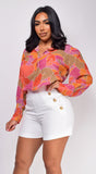 Lotus Orange Multi Color Button Up Blouse Top