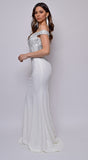 Ensley Off White Off Shoulder Silver Lace Detail Gown