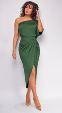 Pearl Hunter Green Venetian Ruched Midi Dress | Emprada M / Green Pearl Hunter Green Venetian Ruched Midi Dress | Emprada M / Green