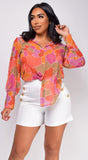 Lotus Orange Multi Color Button Up Blouse Top
