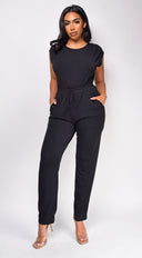 Novi Black Tie Waist Jumpsuit side profile view on model
