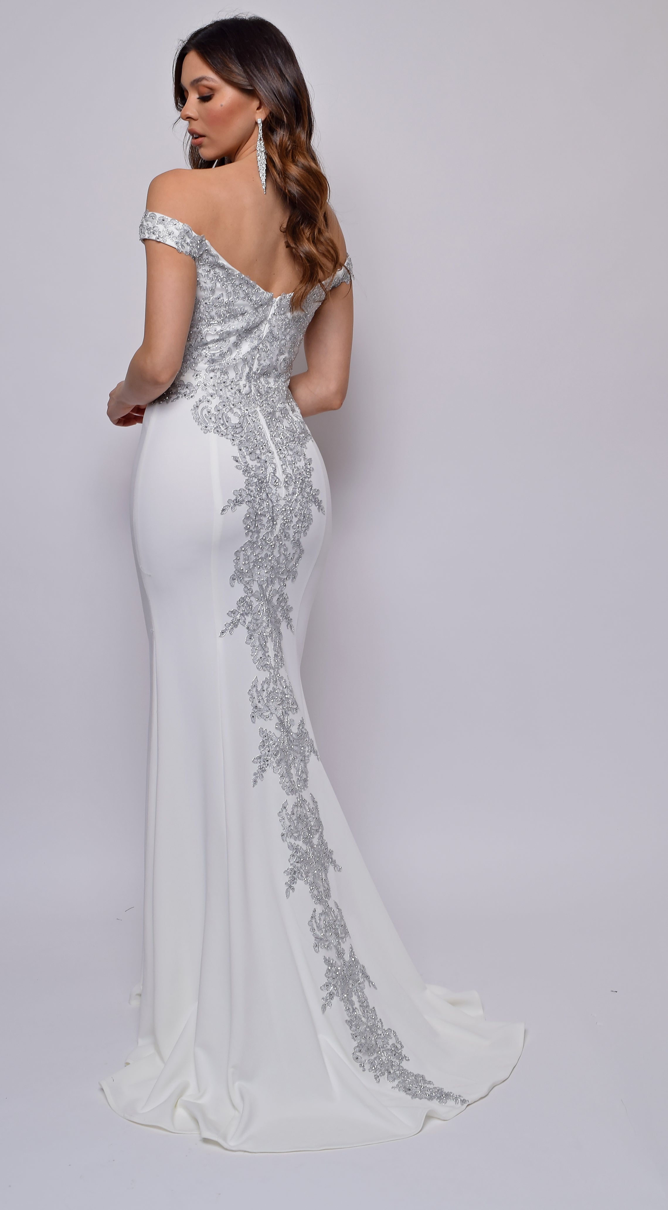 Ensley Off White Off Shoulder Silver Lace Detail Gown