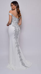 Ensley Off White Off Shoulder Silver Lace Detail Gown